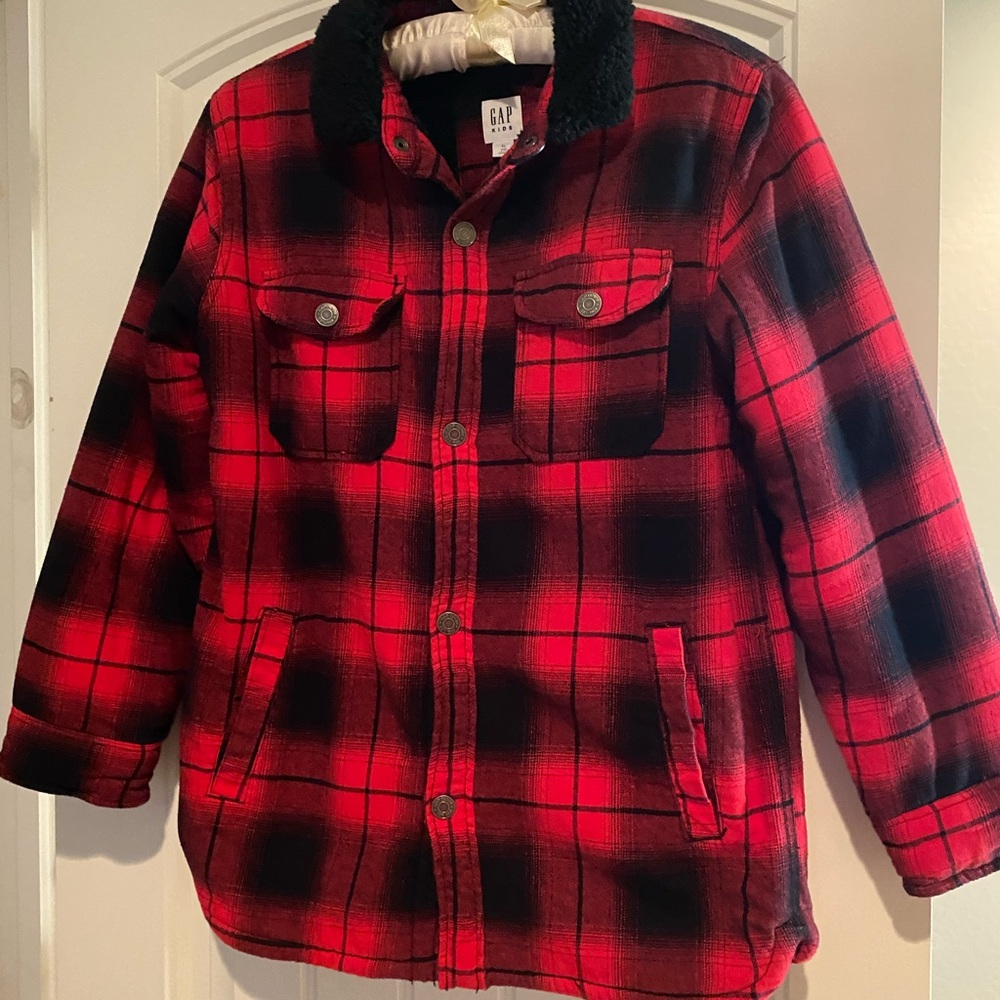 GAP Kids Black and Red Insulated Flannel Jacket with Lined with Black Sherpa.